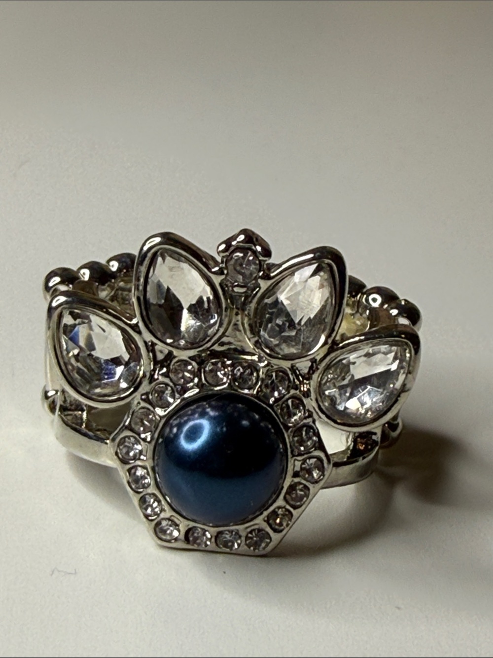Silver tone faux Crystal Crown paw Ring with Blue faux Pearl Accent adjustable